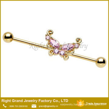 Gold Titanium Plated Surgical Steel Pink Clear Butterfly Cubic Zirconia Ear Barbell